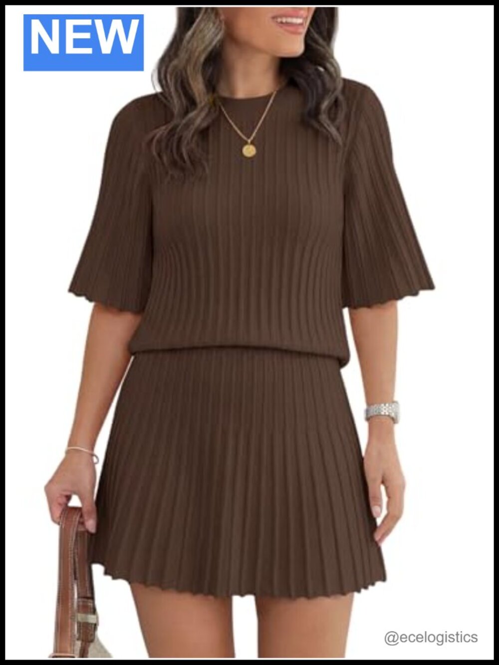 2 Piece Skirt Set Ribbed Knit Top Pleated Midi Skirt Lounge Set